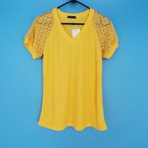 NEW Miholl Top Size Small Yellow Waffle Knit & Lace